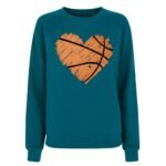Front view of a women’s basketball sweatshirt laid flat, featuring a crew neckline, long sleeves, ribbed cuffs and hem, and a small logo icon on the chest.