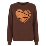 Front view of a women’s basketball sweatshirt laid flat, featuring a crew neckline, long sleeves, ribbed cuffs and hem, and a small logo icon on the chest.