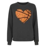 Front view of a women’s basketball sweatshirt laid flat, featuring a crew neckline, long sleeves, ribbed cuffs and hem, and a small logo icon on the chest.