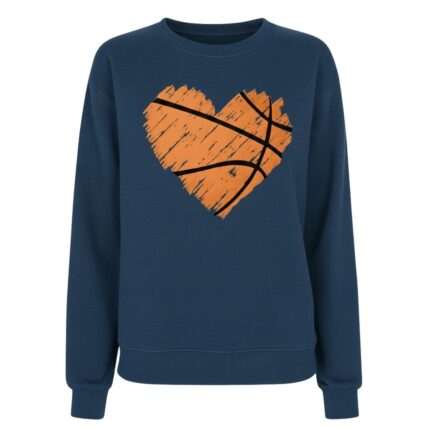 Front view of a women’s basketball sweatshirt laid flat, featuring a crew neckline, long sleeves, ribbed cuffs and hem, and a small logo icon on the chest.