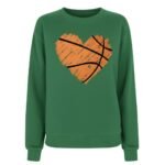 Front view of a women’s basketball sweatshirt laid flat, featuring a crew neckline, long sleeves, ribbed cuffs and hem, and a small logo icon on the chest.