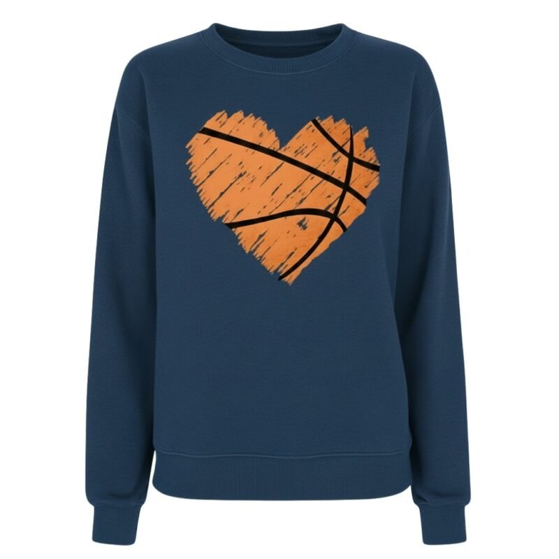 Front view of a women’s basketball sweatshirt laid flat, featuring a crew neckline, long sleeves, ribbed cuffs and hem, and a small logo icon on the chest.