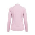 Women’s pink lightweight golf quarter‑zip top shown from the back, with long sleeves, a stand collar, and a small logo icon centered below the neckline.