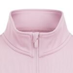 Close‑up of a pink women’s golf quarter‑zip top showing the stand collar, half zipper, and small logo icon on the left chest.