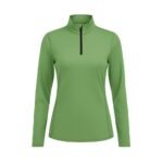 Women’s green lightweight golf quarter‑zip top shown from the front without a model, with a stand collar, half zipper, long sleeves, and a small logo icon on the left chest.