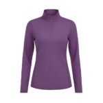 Women’s purple lightweight golf quarter‑zip top shown from the front without a model, with a stand collar, half zipper, long sleeves, and a small logo icon on the left chest.