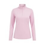 Women’s pink lightweight golf quarter‑zip top shown flat from the front, with a stand collar, half zipper, long sleeves, and a small logo icon on the left chest.