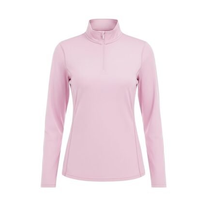 Women’s pink lightweight golf quarter‑zip top shown flat from the front, with a stand collar, half zipper, long sleeves, and a small logo icon on the left chest.