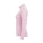 Women’s pink lightweight golf quarter‑zip top shown from the side without a model, with a stand collar, half zipper, long sleeves, and a small logo icon on the left chest.