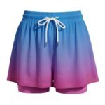 Gradient women’s soccer skort laid flat, featuring a smooth A-line skirt with built-in shorts, a wide elastic waistband, and a bold ombre color fade with a small logo icon detail.