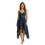 Dark-colored women’s sundress design, front view on white background