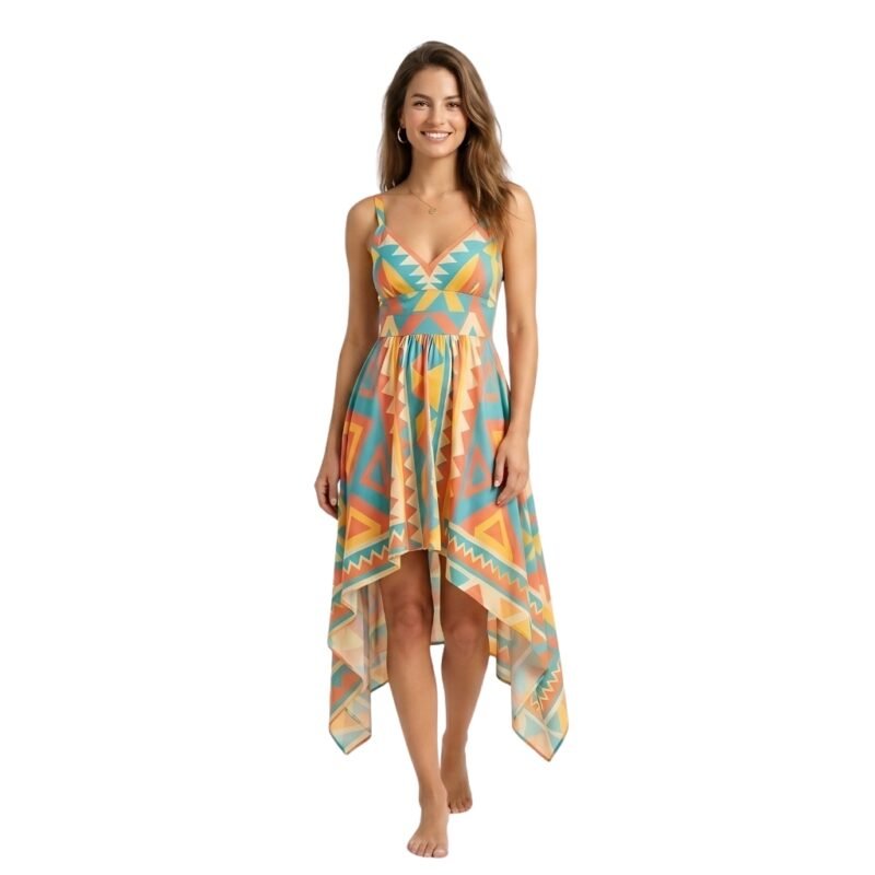 Front view of women’s sundress on model against white background