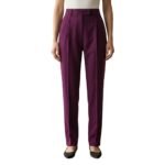 Dark purple women’s tailored trousers, slim-fit office pants.