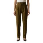 Earthy brown women’s tailored trousers, slim-fit office pants.