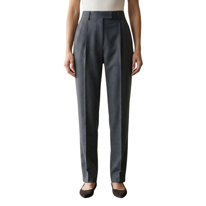 Front view of a model wearing women’s tailored trousers.