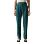 Teal women’s tailored trousers, dark-colored slim-fit office pants.
