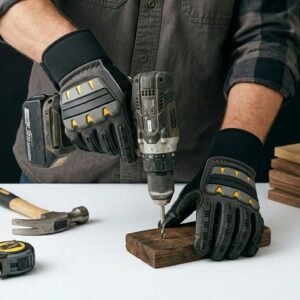 Working gloves worn on hands, close-up view on plain background.