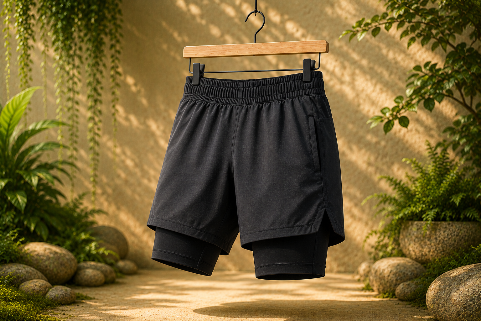 2-in-1 compression shorts manufacturer showing men's dual-layer compression inner shorts with outer running shorts for athletic training and performance use