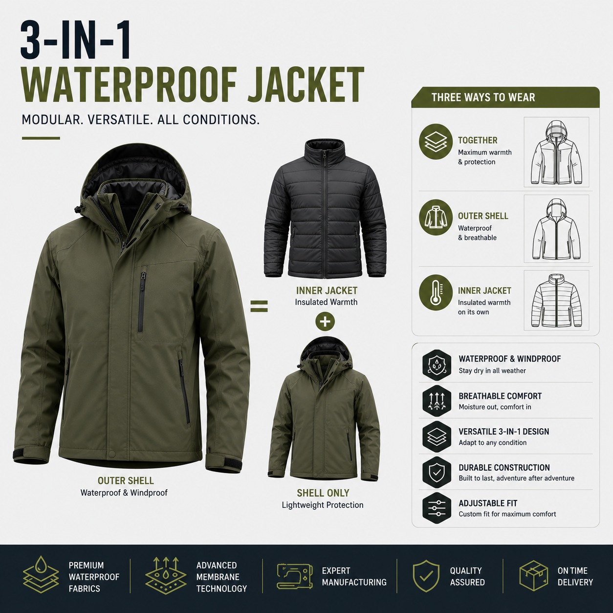 3-in-1 waterproof jackets with removable inner fleece layer for versatile use in various weather conditions and outdoor activities