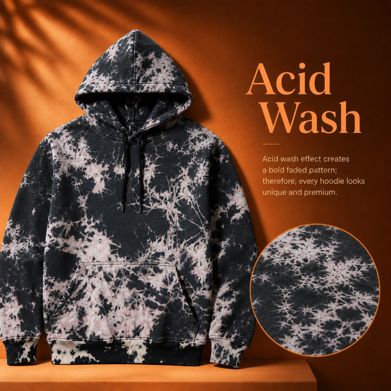 Acid wash distressing technique close-up on hoodie fabric