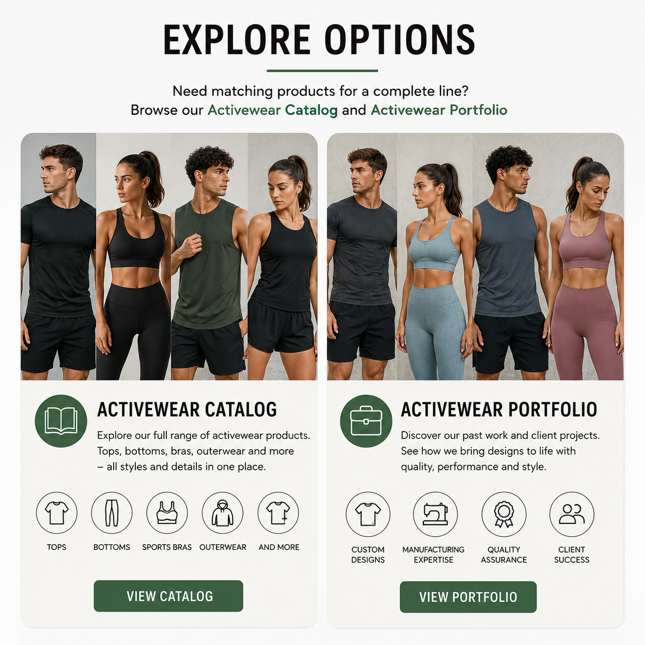 Eco Jersey Explore Options promotional infographic showing Activewear Catalog with tops, bottoms, sports bras, and outerwear categories, and Activewear Portfolio with custom designs, manufacturing expertise, quality assurance, and client success highlights