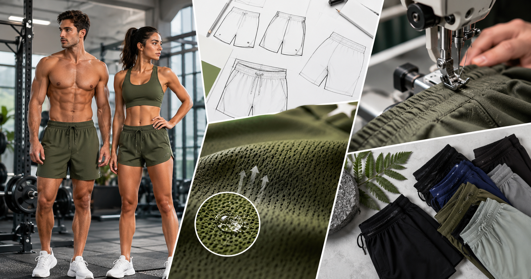 Activewear shorts manufacturer collage showing male and female athletes in olive green gym shorts, technical flat sketches, breathable mesh fabric texture, sewing machine stitching, and stacked folded shorts in multiple colours