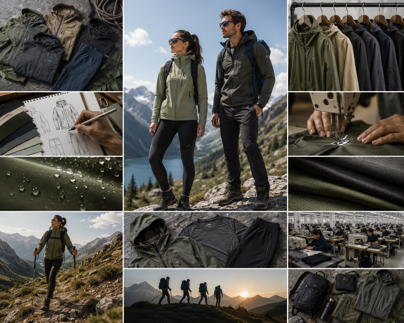 Adventure-ready outdoor activewear manufacturer collage showing hiking gear, performance jackets, technical fabrics, design process, manufacturing, and outdoor lifestyle activities by Eco Jersey