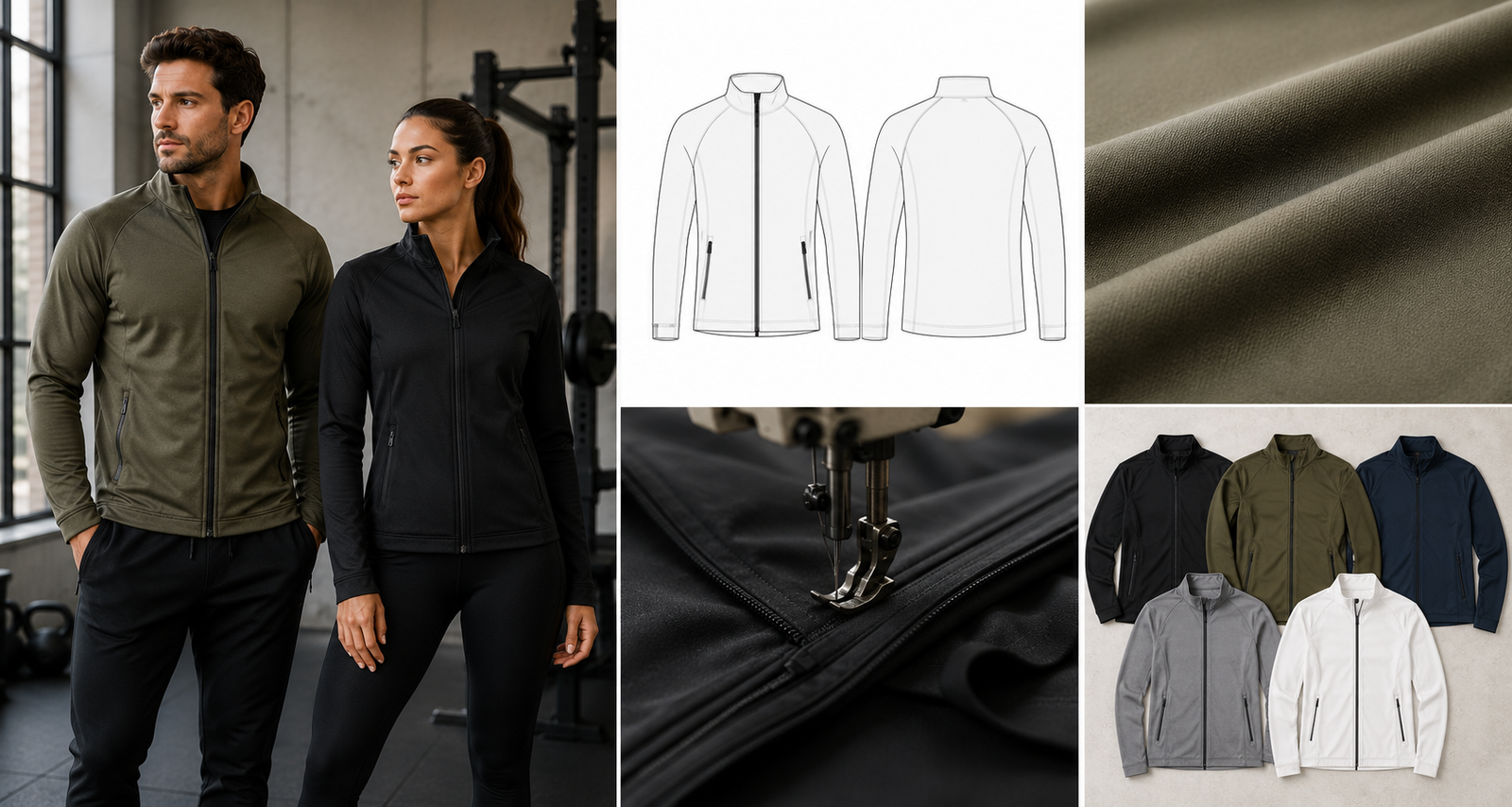 Athleisure jacket manufacturer collage showing man and woman wearing zip-up athleisure jackets, technical flat sketch, fabric texture, sewing close-up, and multiple color options
