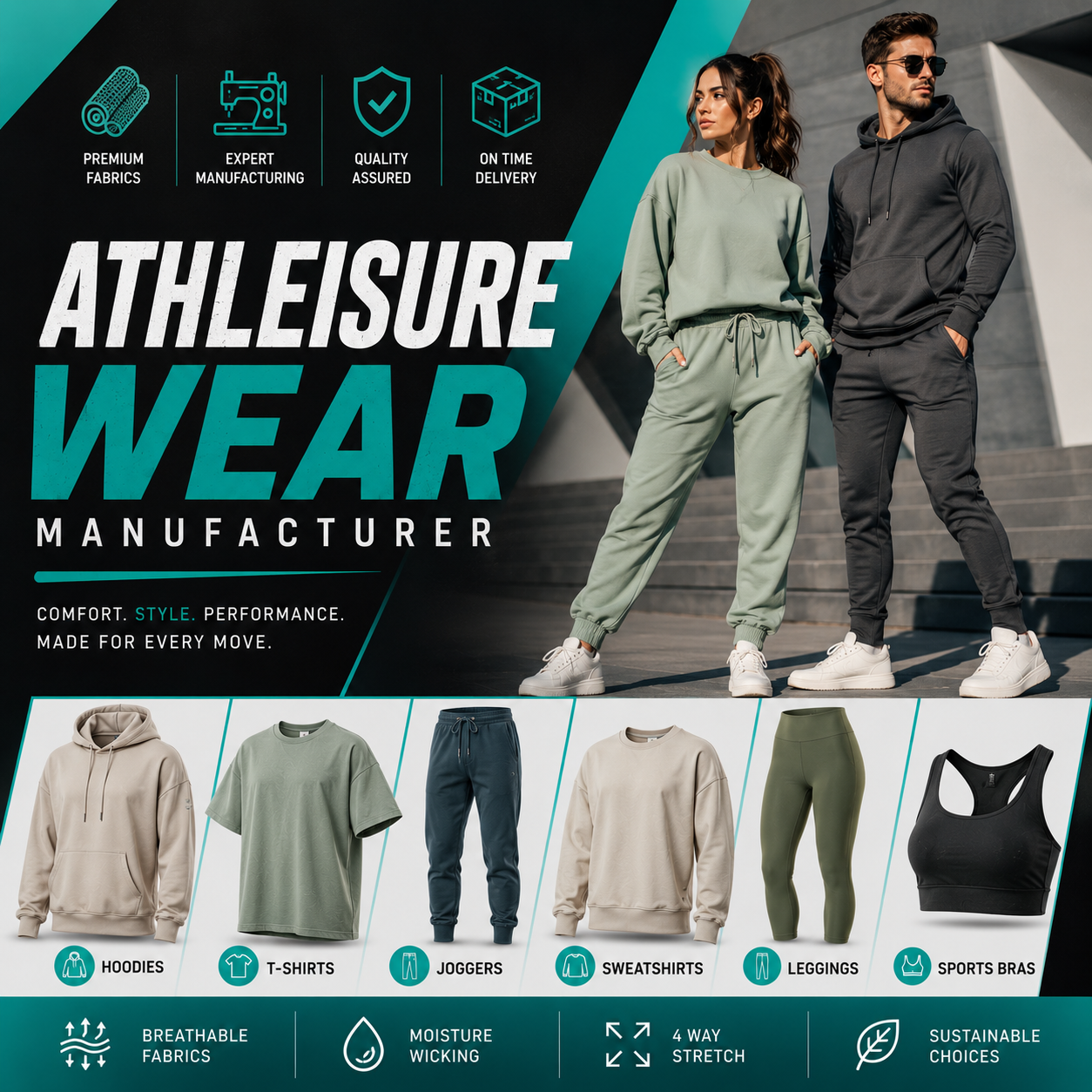 Athleisure wear manufacturer for brands offering custom hoodies, t-shirts, joggers, sweatshirts, leggings, and sports bras with breathable, moisture-wicking, and sustainable fabrics