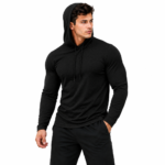 Black athletic hoodie wholesale – soft breathable short sleeve workout top manufacturer by Eco Jersey