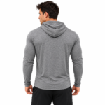 Athletic hoodie model back view – soft breathable short sleeve workout top wholesale manufacturer by Eco Jersey