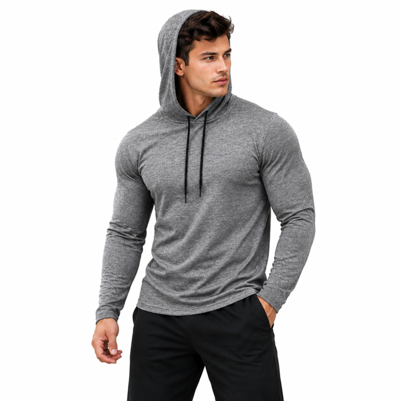 Athletic hoodie model front view grey – soft breathable short sleeve workout top wholesale by Eco Jersey