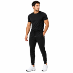 Athletic joggers model front view – adjustable waist secure zipper pocket tapered sweatpants wholesale by Eco Jersey