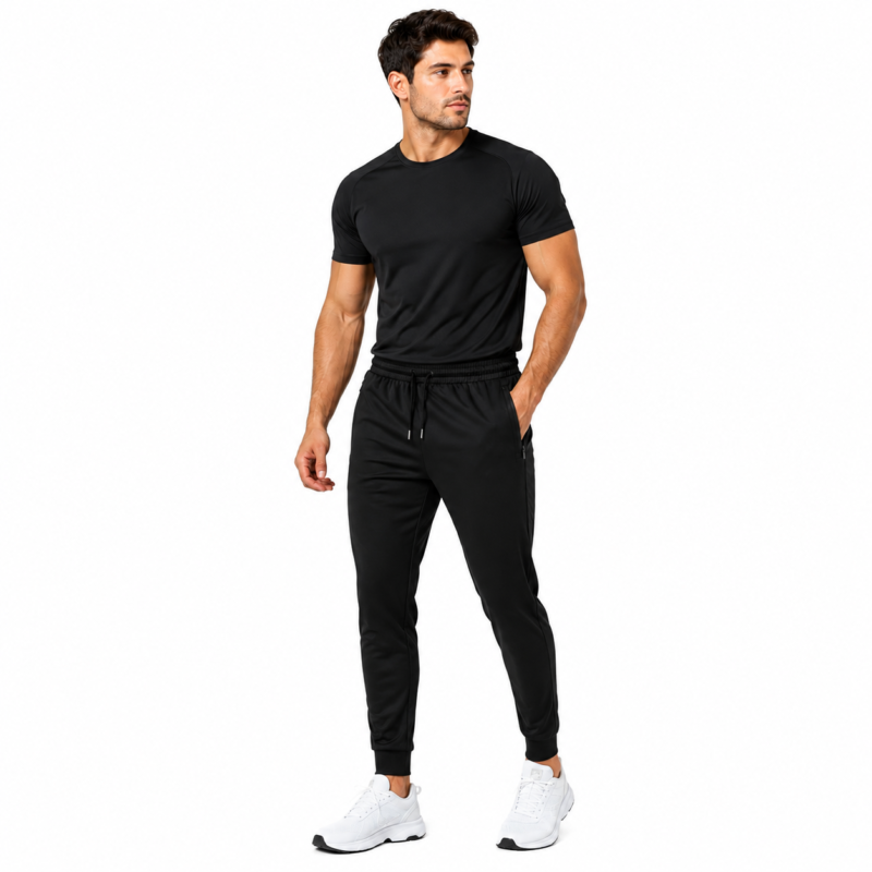 Athletic joggers model front view – adjustable waist secure zipper pocket tapered sweatpants wholesale by Eco Jersey