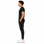 Athletic joggers model side view – adjustable waist secure zipper pocket tapered sweatpants wholesale by Eco Jersey