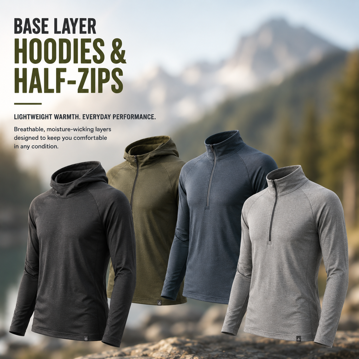 Base layer hoodies and half-zip tops for layering warmth during skiing, hiking, and outdoor winter sports