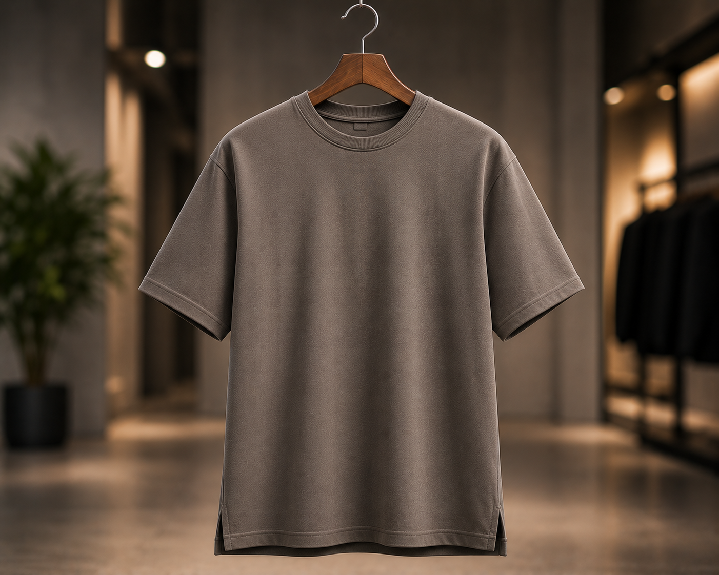 Taupe oversized basic essential t-shirt on a wooden hanger with dropped shoulders and side slits displayed in a boutique studio setting