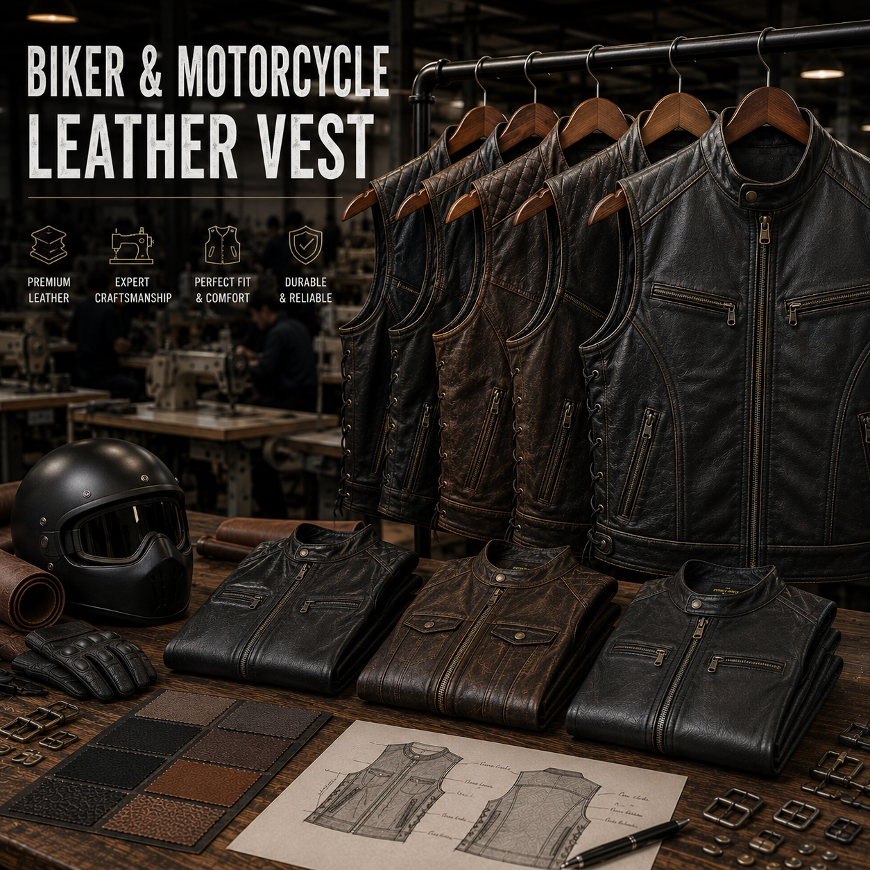 Custom biker and motorcycle leather vest with durable construction, manufactured by Eco Jersey Limited