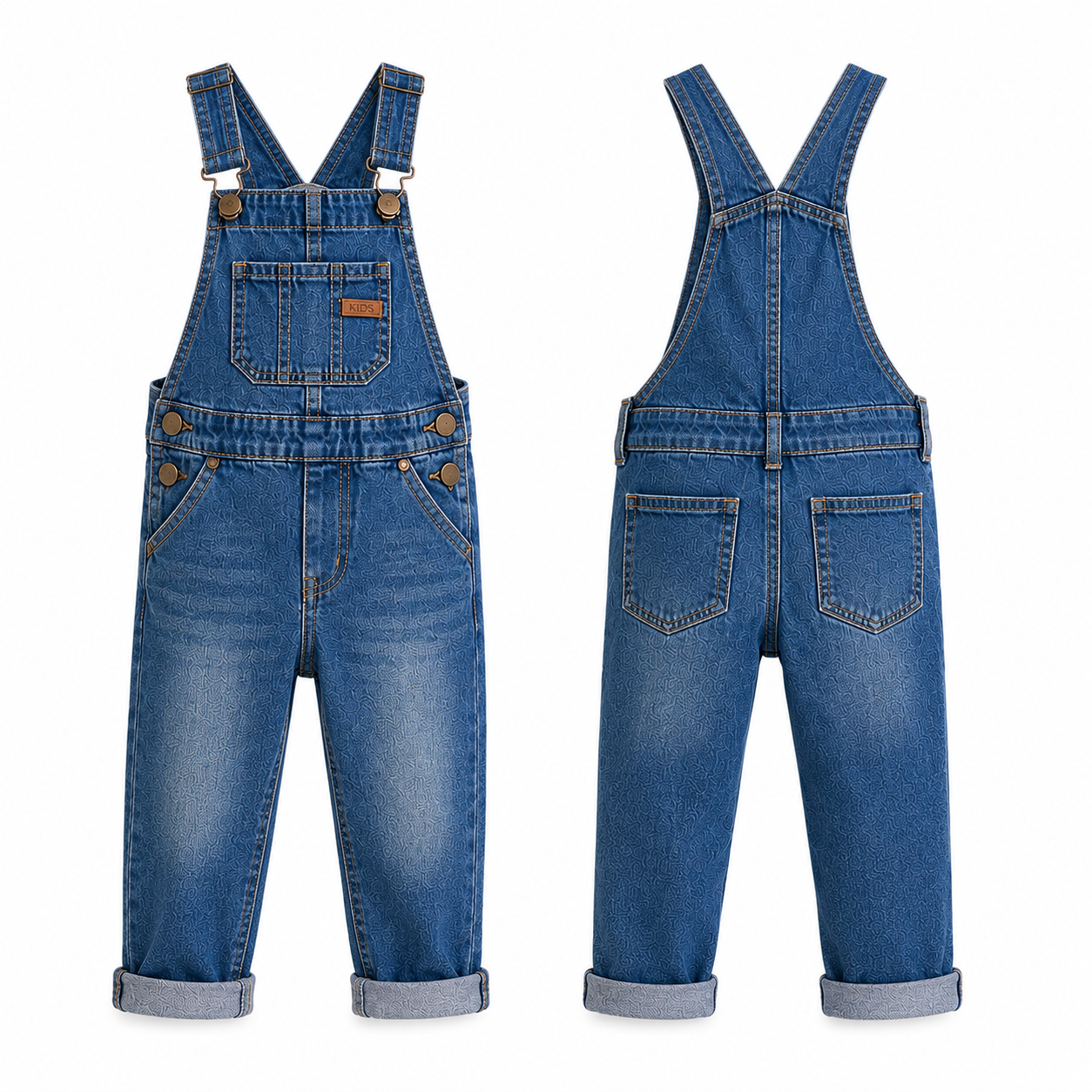 Kids Blue Denim Overalls Front and Back View Front and back flat lay product view of kids blue denim overalls with bib pocket, adjustable straps, brass buttons, and rolled cuffs on a white background