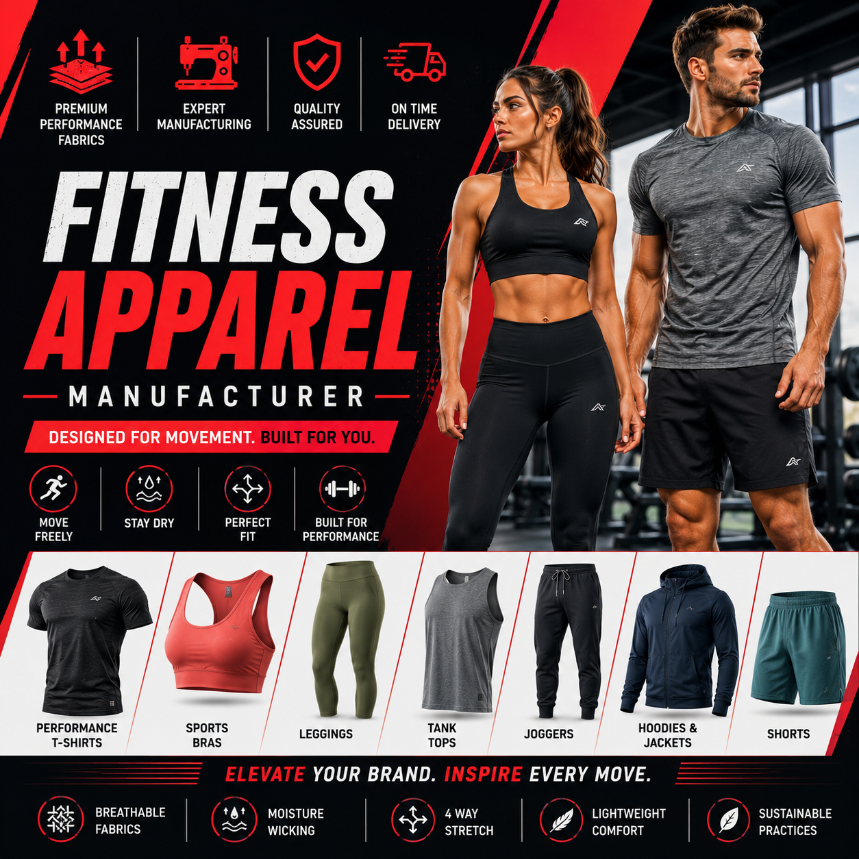 Fitness apparel manufacturer offering performance t-shirts, sports bras, leggings, tank tops, joggers, hoodies, jackets, and shorts designed for movement and built for performance