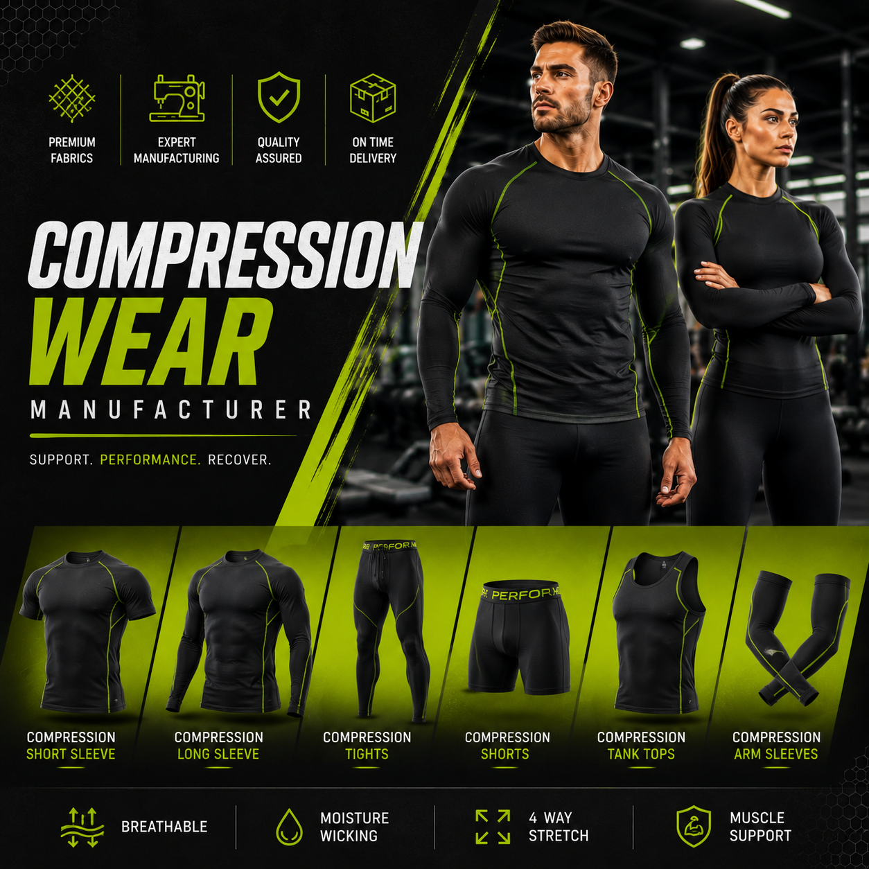 Compression wear manufacturer offering short sleeve, long sleeve, tights, shorts, tank tops, and arm sleeves with breathable, moisture-wicking, 4-way stretch, and muscle support fabrics