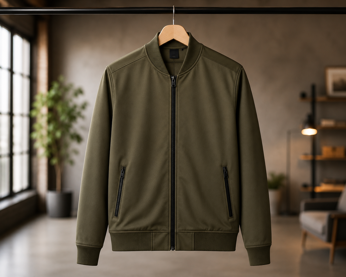 Olive green custom bomber athleisure jacket on hanger with ribbed hem and zip pockets, bulk athleisure jacket manufacturer
