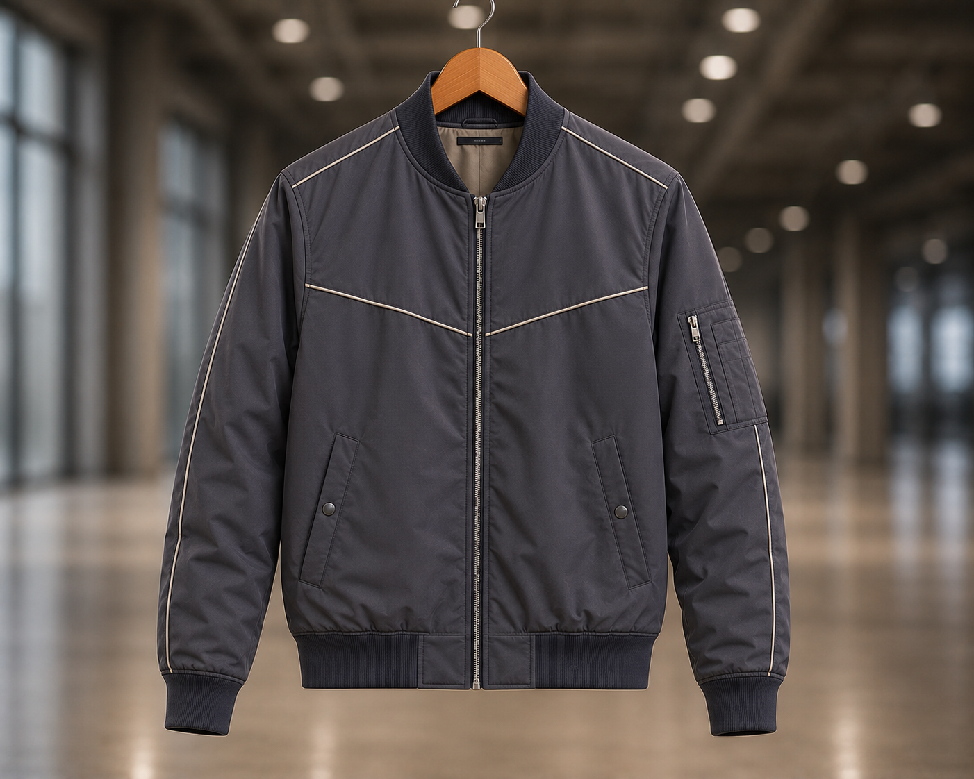 Custom bomber jacket manufacturer showing a men's dark grey zip-up bomber jacket with contrast piping, patch pockets, and ribbed cuffs on a wooden hanger in a modern interior