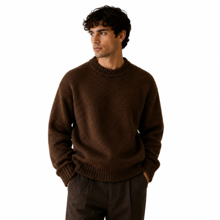 Front view of a male model wearing a dark brown chunky crew-neck knit pullover sweater on a white background for product display