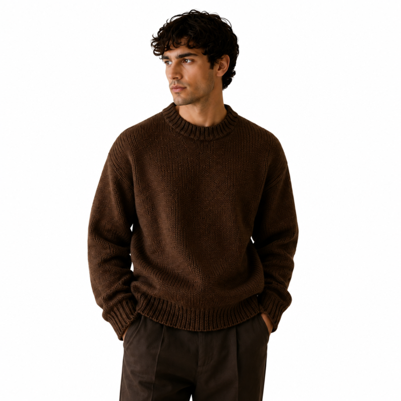 Front view of a male model wearing a dark brown chunky crew-neck knit pullover sweater on a white background for product display