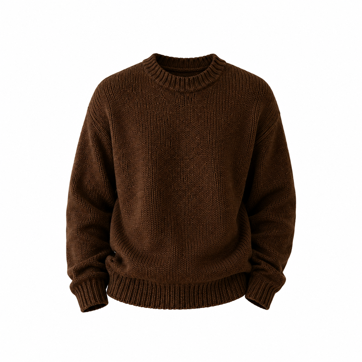 Brown knitted sweater Dark brown chunky crew-neck knit pullover sweater product cut-out on transparent background for e-commerce display on the Brown Knitted Sweater product page