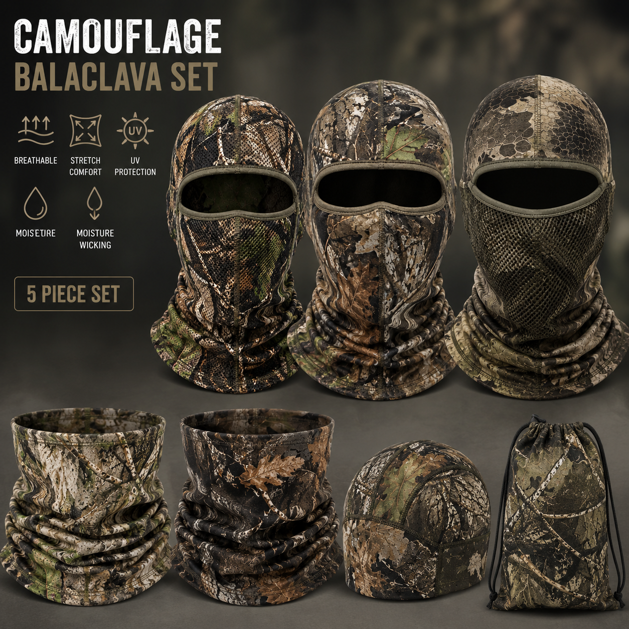 Eco Jersey camouflage balaclava set banner showing a 5-piece set including three full-face balaclavas and two neck gaiters in woodland camo patterns with a drawstring storage bag, featuring breathable fabric, stretch comfort, UV protection, and moisture-wicking properties
