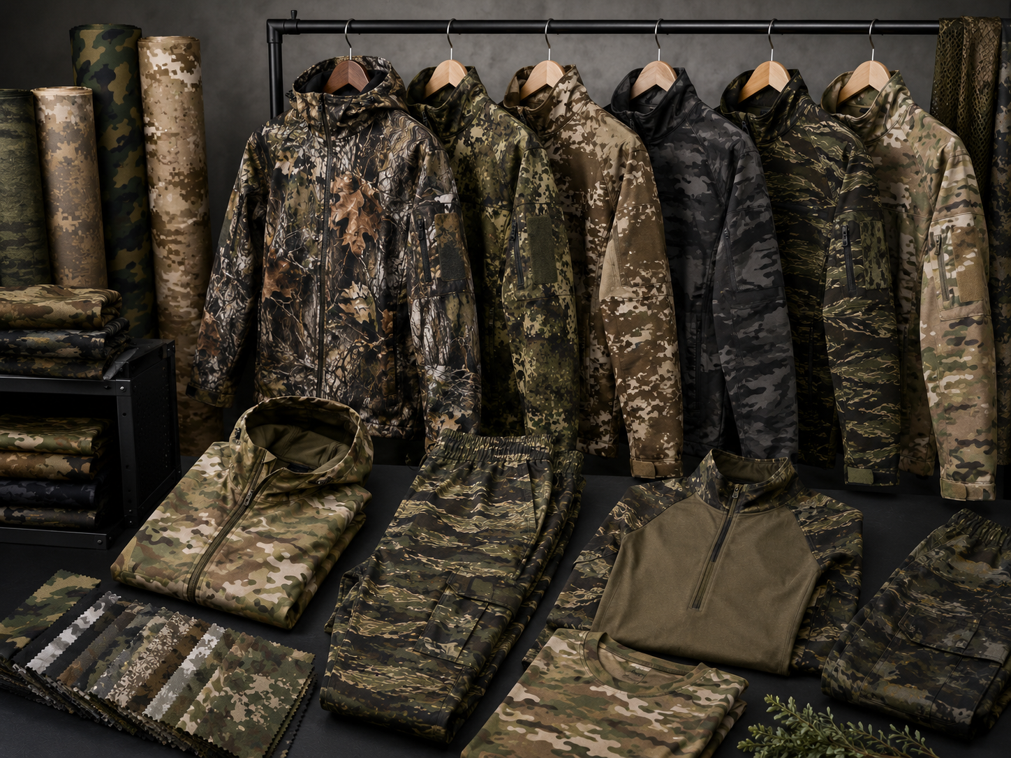 Eco Jersey camouflage clothing manufacturer banner showing six camouflage jackets in various woodland and military camo patterns hanging on a rack, with rolled camouflage fabric bolts displayed on the left side