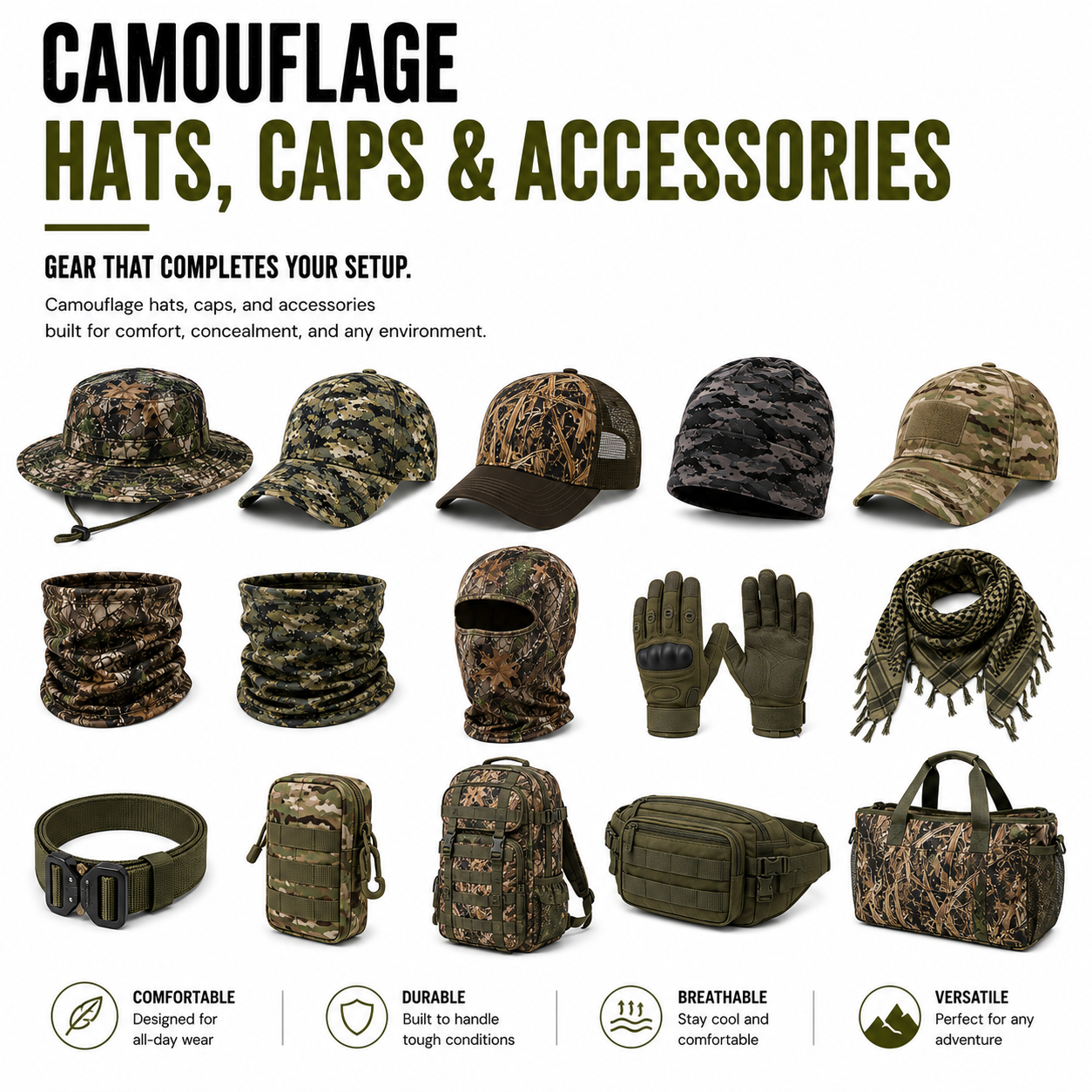 Eco Jersey camouflage hats, caps and accessories banner displaying a range of camo products including boonie hats, baseball caps, neck gaiters, balaclavas, tactical gloves, shemagh scarves, belt bags, backpacks, fanny packs, and duffle bags in various camouflage patterns, with Comfortable, Durable, Breathable, and Versatile feature icons