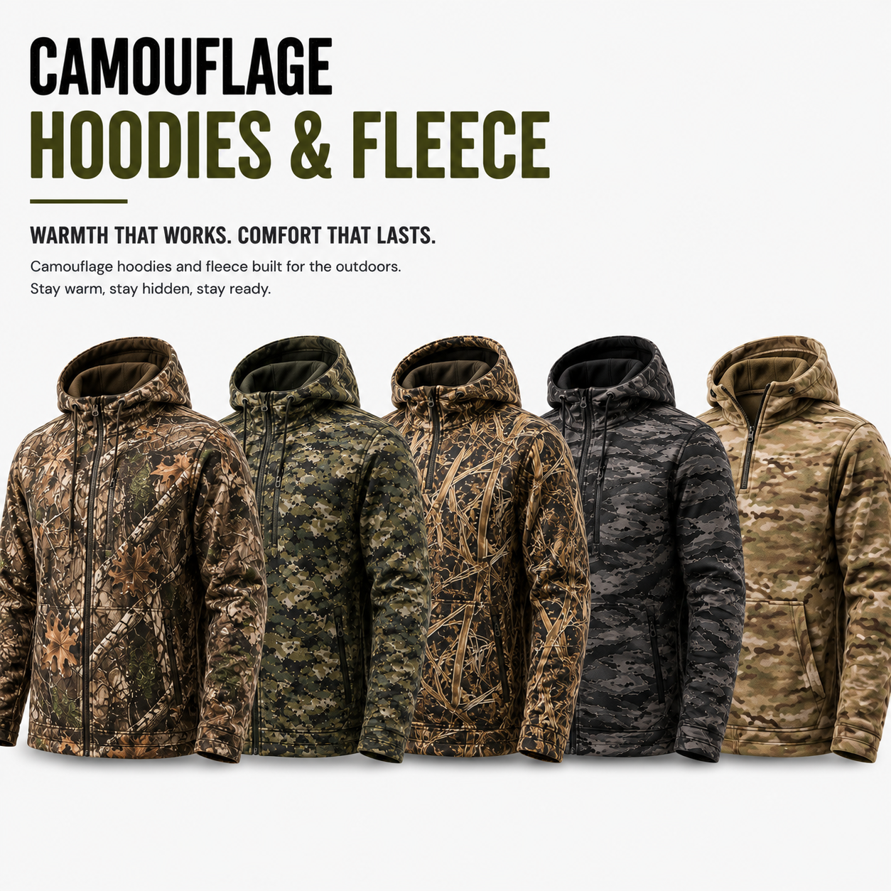 Eco Jersey camouflage hoodies and fleece banner showing five full-zip camo hoodies in different camouflage patterns including brown leaf, digital green, branch twig, dark digital gray, and desert tan, designed for warmth and concealment in the outdoors